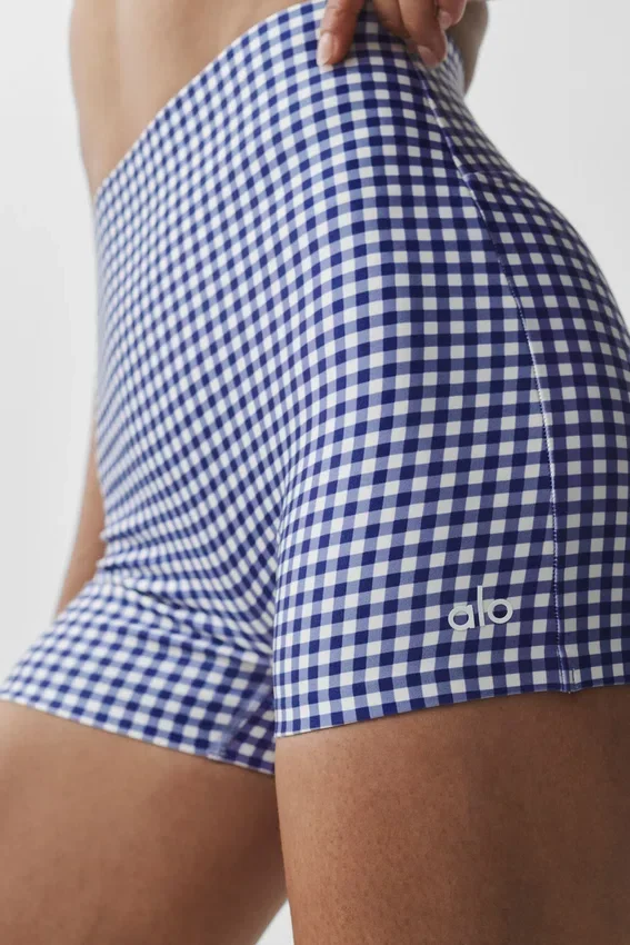 3" Airlift Gingham High-Waist Sleek Short - Navy Gingham