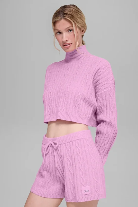 Cable Knit Cropped Winter Bliss Turtleneck Long Sleeve - Candy Heart P