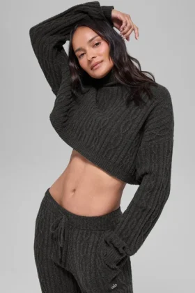 Cable Knit Cropped Winter Bliss Turtleneck Long Sleeve – Dark Heather