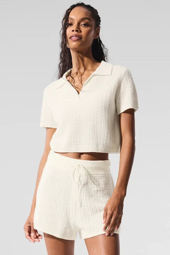 Cashmere Plush Waffle Polo Tee - Ivory