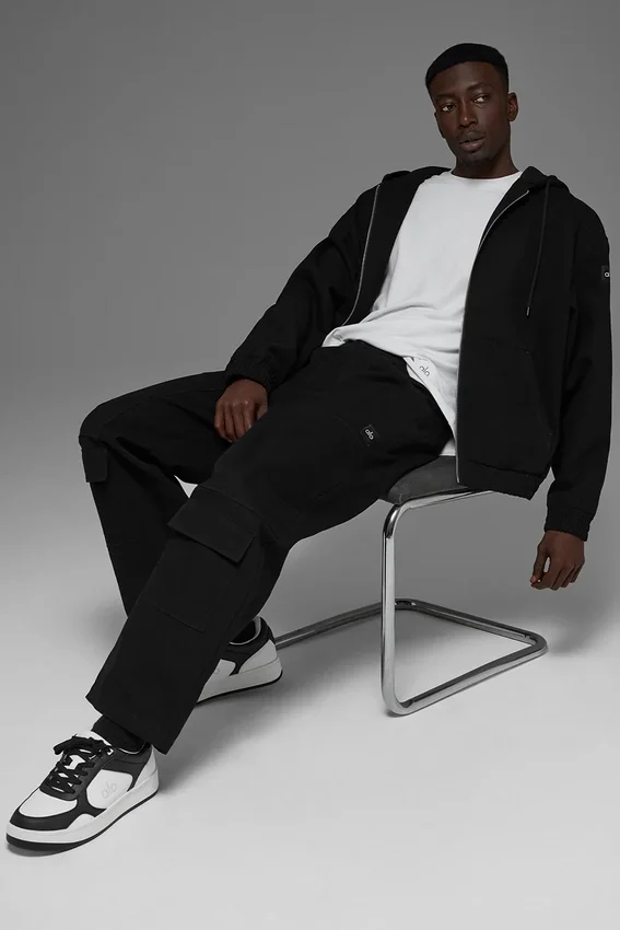 Cotton Canvas Full Zip Hoodie - Black