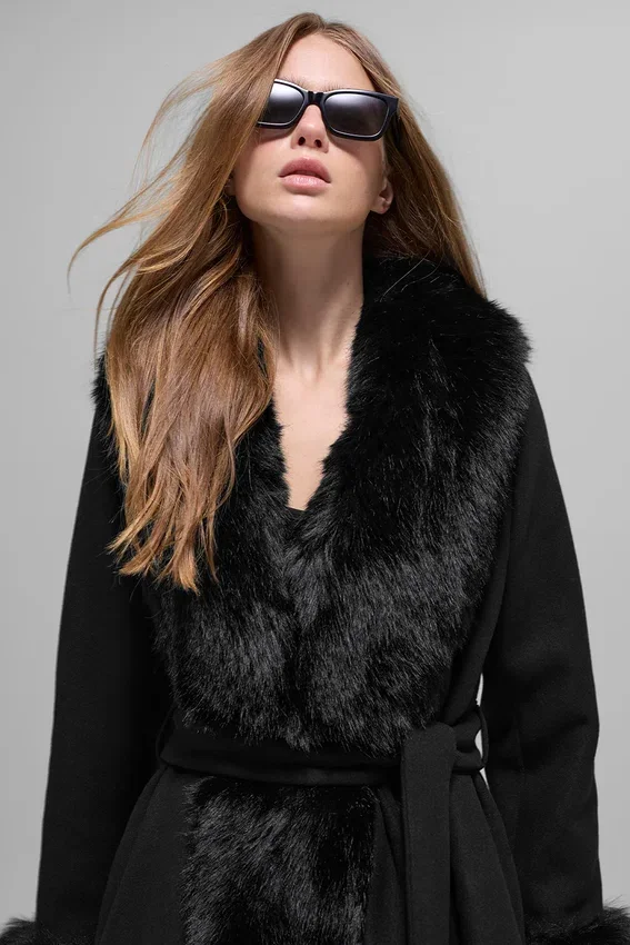 Faux Fur Trimmed Longline Coat - Black