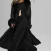Faux Fur Trimmed Longline Coat - Black