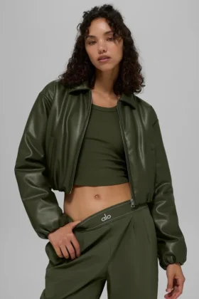 Faux Leather Cropped Premier Bomber – Green Olive