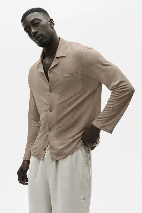 Linen Jersey Coastal Long Sleeve Button up - Gravel