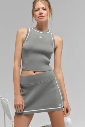 Ribbed Sweater Knit Highline Cropped Tank - Lunar Grey/White