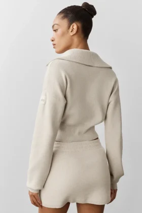 Scholar Knit Cropped Full Zip Jacket – Oatmeal Heather