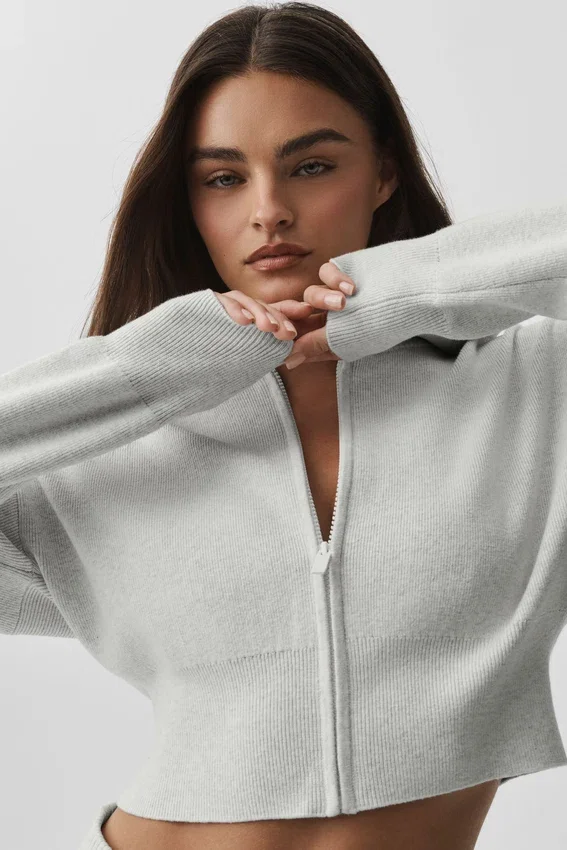 Scholar Knit Cropped Full Zip Jacket - White Heather