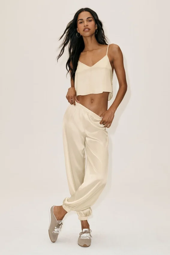 Silk Blend High-Waist Radiance Pant - Sandy Beige