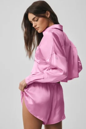 Silk Luminous Cropped Button Down Long Sleeve – Candy Heart Pink