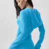 Wool Cashmere Ribbed Noble Full Zip Hoodie - Azure Blue